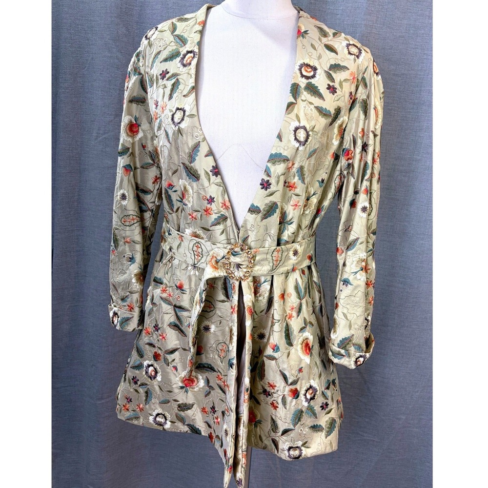 Embroidered Kimono Jacket Beige Floral Open Front Belted Women's M‎ Bohemian
